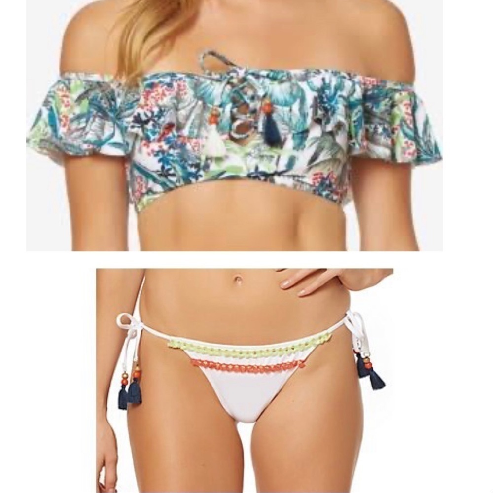 NWT Jessica Simpson White Green Tropical Print Bikini Swim Set Size XL - Picture 3 of 12